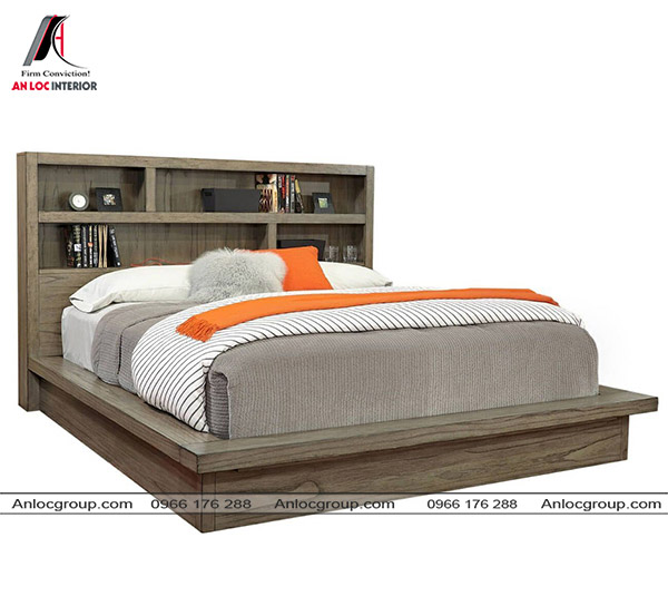 Mẫu giường ngủ thấp từ gỗ công nghiệp kết hợp với phần đầu giường làm tủ trang trí, chứa đồ