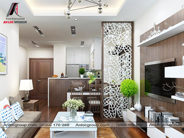 Mẫu 11: Ngăn cách phòng khách và phòng bếp bằng vách CNC họa tiết lá cây màu trắng.