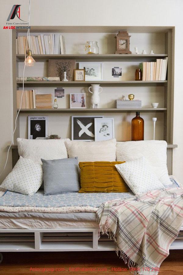 Không gian sống tiện nghi, sang trọng với thiết kế kệ sách treo tường phòng ngủ