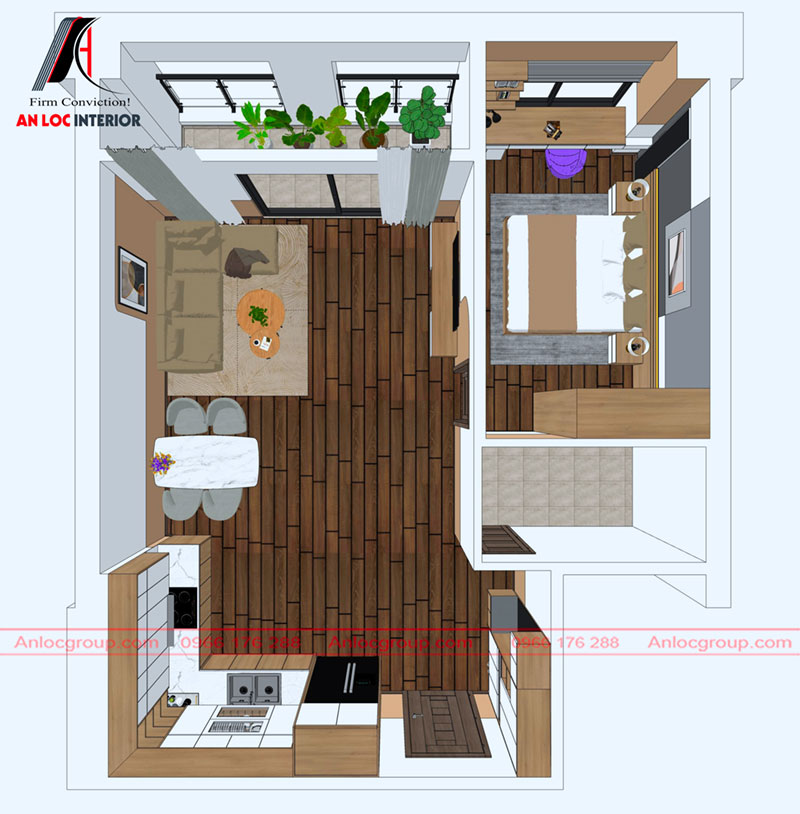 Hình ảnh căn hộ 1 phòng ngủ chụp từ phần mềm thiết kế