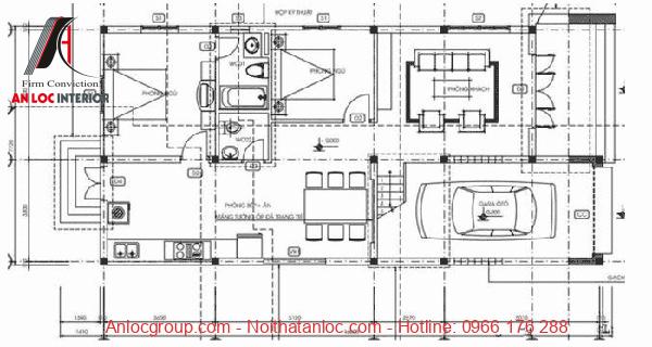 Bản vẽ thiết kế nhà 2 tầng 80m2 với phòng khách, bếp, khu vực sinh hoạt chung phân tách rõ ràng