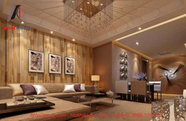 Thiết kế gỗ ốp tường phòng khách đơn giản mà sang trọng