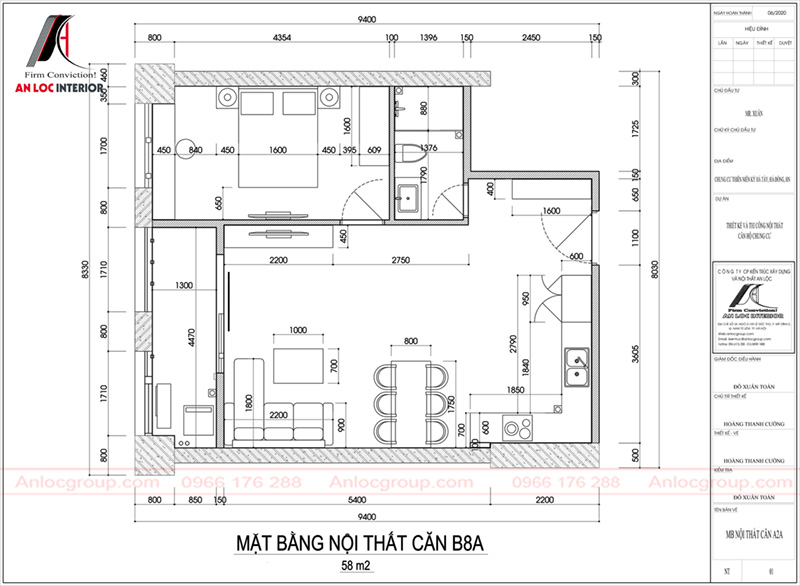 mặt bằng nội thất căn hộ 1 phòng ngủ 58m2 tại Hatay Millennium