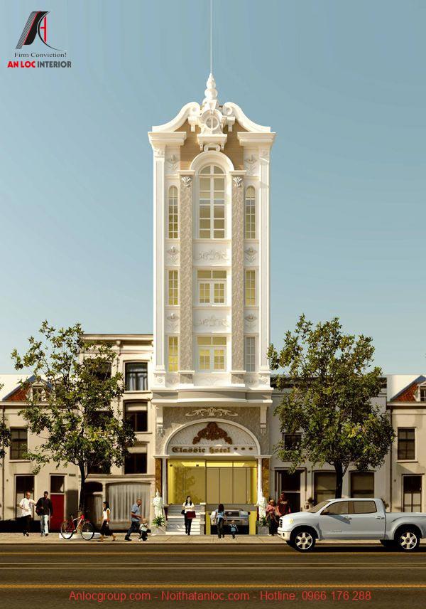 Màu pastel nhẹ nhàng phối hợp hài hòa với thiết kế khách sạn 4 tầng tân cổ điển