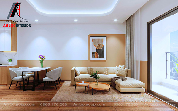 Thiết kế chung cư 56m2 với nội thất phòng khách đơn giản, ngăn nắp