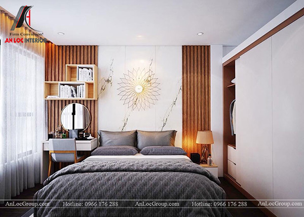 Phòng ngủ master sử dụng chi tiết ốp gỗ nhỏ ở 2 bên đầu giường