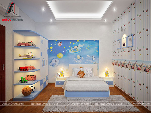Phòng ngủ con trai được sắp xếp nội thất đơn giản đi kèm chi tiết trang trí độc đáo