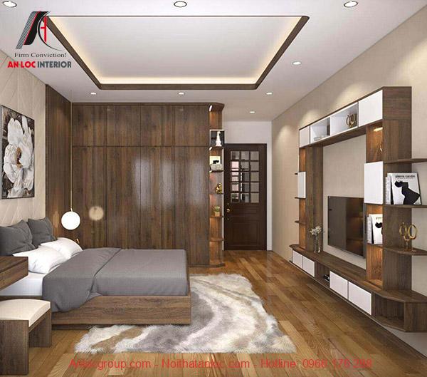 Thiết kế nội thất phòng ngủ tại Thái Bình với kệ âm tường kết hợp tủ đựng đồ hiện đại