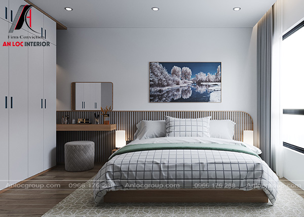 Nội thất phòng ngủ sử dụng gam màu trung tính đồng thời bố trí ít nội thất nhằm giá tăng diện tích sử dụng