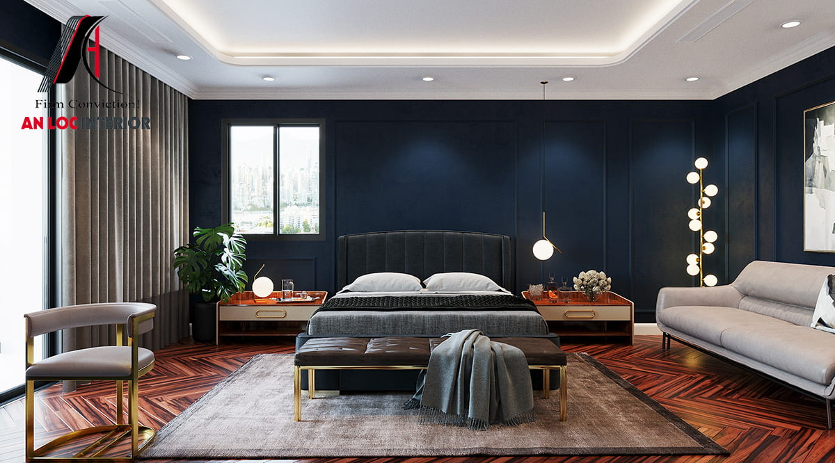 Thiết kế phòng ngủ tân cổ điển màu xanh 