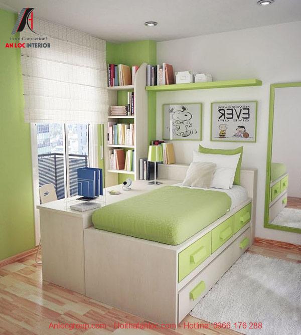 Phòng ngủ nhỏ đẹp bố trí rèm chệnh nhàng để hạn chế bớt ánh sáng từ cửa sổa