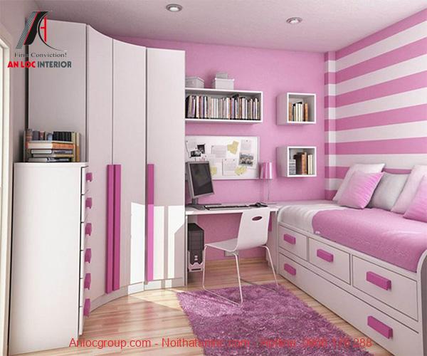 Bên cạnh chọn giường có hộc kéo đựng đồ thì thiết kế tủ uốn lượn theo thiết kế tường được đánh giá là lựa chọn sáng tạo
