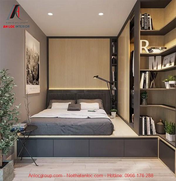 Cách trang trí phòng ngủ nhỏ với phần giường cao kết hợp tủ âm tường bao quanh. Phần sàn nhà bên dưới với khoảng không mở thuận tiện cho sinh hoạt