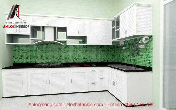 Mẫu 21: Tủ bếp L sử dụng tông màu trắng sáng lịch sự, hiện đại