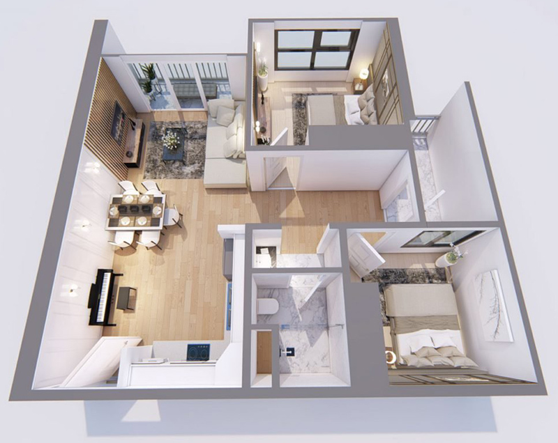 Mẫu thiết kế nội thất chung cư 55m2 đơn giản