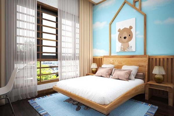 Không gian phòng ngủ cho bé thiết kế mở tone màu xanh nhẹ nhàng
