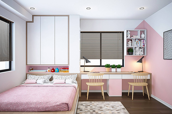 Thiết kế phòng ngủ cho bé gái tone màu trắng hồng thu hút