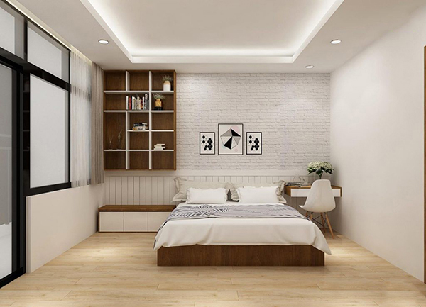 Không gian phòng ngủ chung cư 67m2 màu trắng hiện đại