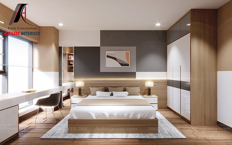 Không gian phòng ngủ tinh tế và nhẹ nhàng với tone màu nâu xám kết hợp hài hòa