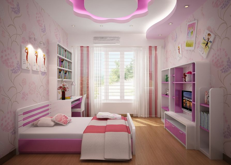 Mẫu 11: Giường ngủ cho bé gái với sự kết hợp tone màu trắng hồng nhẹ nhàng