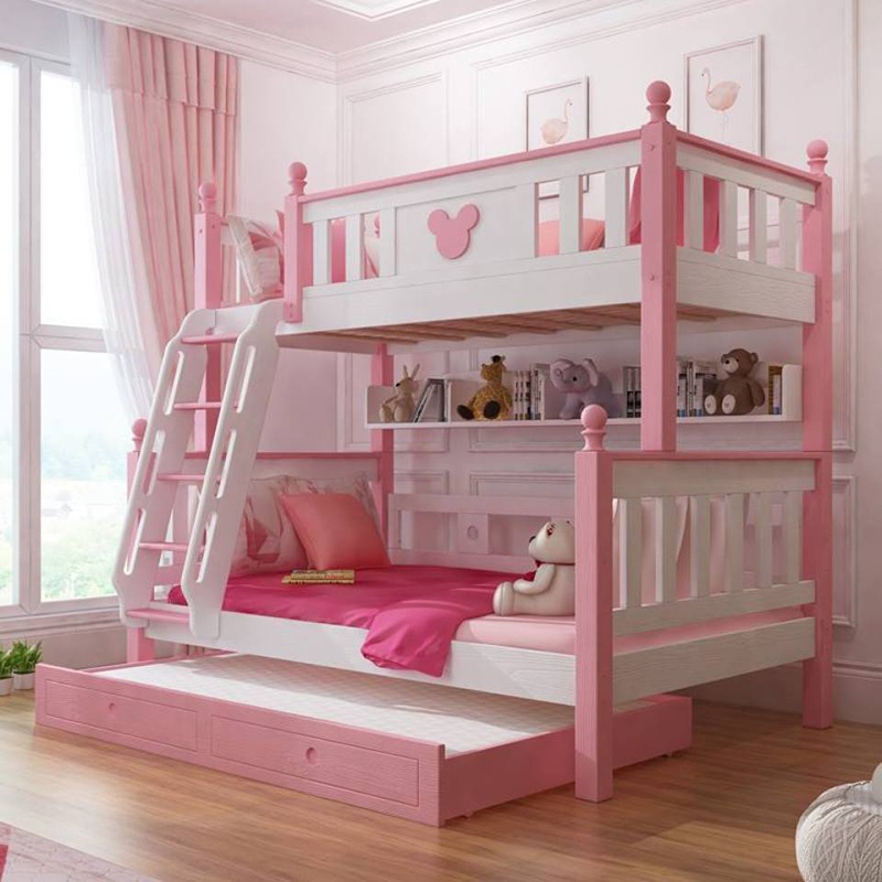 Mẫu 18: Giường tầng màu hồng trắng hiện đại cho bé gái