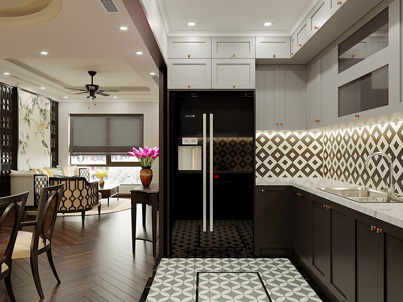 Phòng bếp nổi bật với gạch bông lát sàn và tường