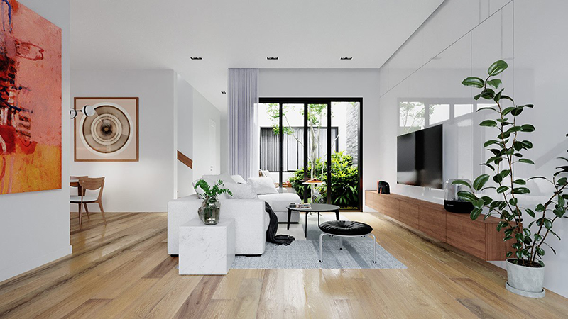 Thiết kế nội thất phòng khách kiểu Nhật tone màu nâu trắng hài hòa