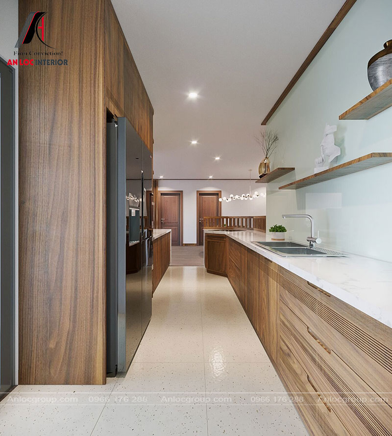 Phòng bếp thiết kế hiện đại, theo chiều sâu không gian