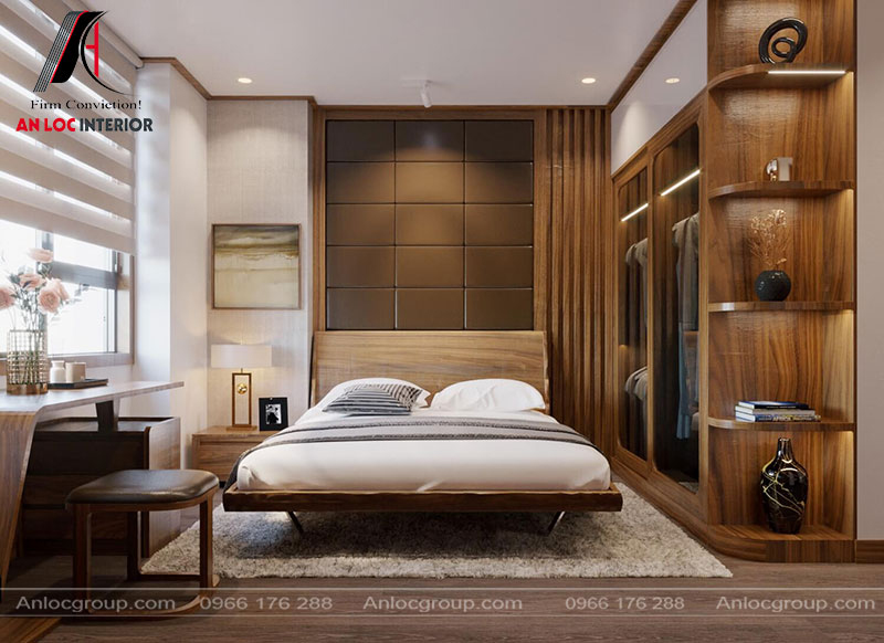 Nội thất gỗ tôn lên vẻ sang trọng và gần gũi hơn cho không gian phòng ngủ
