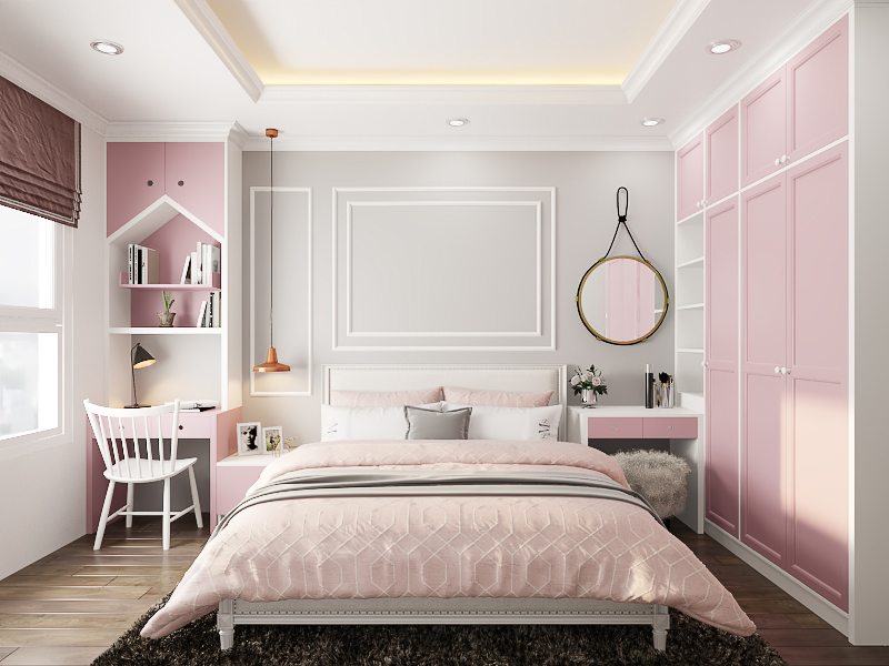 Mẫu 03: Phòng ngủ tân cổ điển màu trắng hồng đẹp nữ tính
