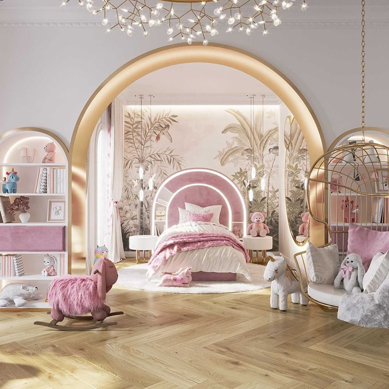 Mẫu 11: Đường nét thiết kế nội thất mềm mại cùng họa tiết trang trí đáng yêu trong phòng ngủ công chúa hoàng gia cho bé gái
