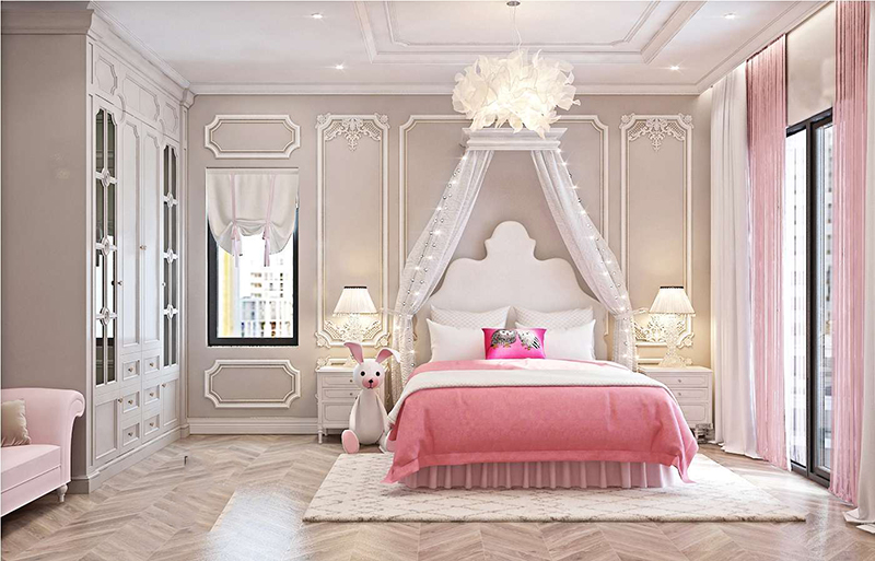 Mẫu 12: Sự kết hợp tone màu hồng và màu trắng thu hút trong không gian phòng ngủ cho bé gái 