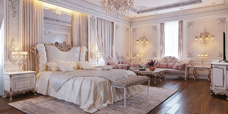 Mẫu 27: Phòng ngủ mang vẻ đẹp hoa lệ với ánh đèn nhẹ nhàng và màu sắc trắng hồng xuyên xuốt không gian