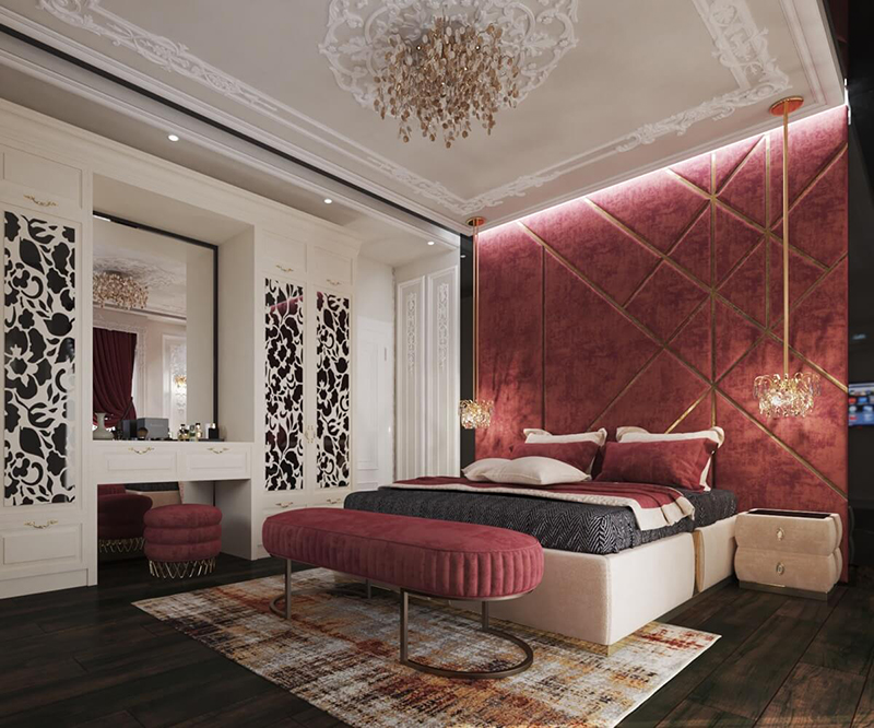 Mẫu 17: Vẻ đẹp sang trọng, đẳng cấp trong thiết kế phòng ngủ phong cách Tân cổ điển với sự kết hợp 3 màu sắc: đỏ, trắng và đen