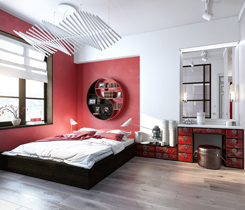 Mẫu 02: Vẻ đẹp truyền thống kết hợp hiện đại trong thiết kế phòng ngủ màu đỏ