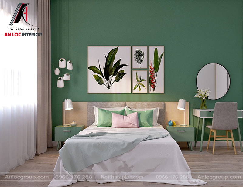 Mẫu 28: Phòng ngủ màu trắng và xanh rêu