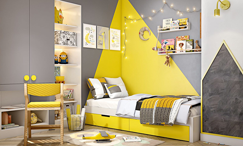 Mẫu 03: phòng ngủ vàng chanh kết hợp màu xám hài hòa