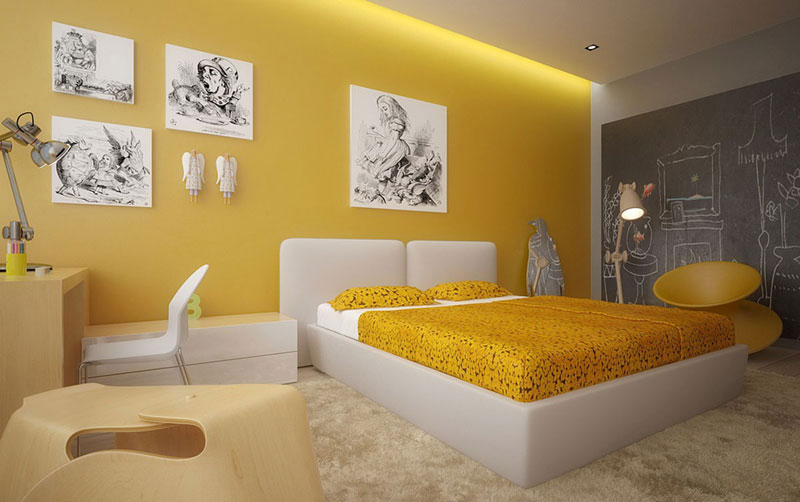Mẫu 04: Phòng ngủ vàng pastel trang trí ấn tượng