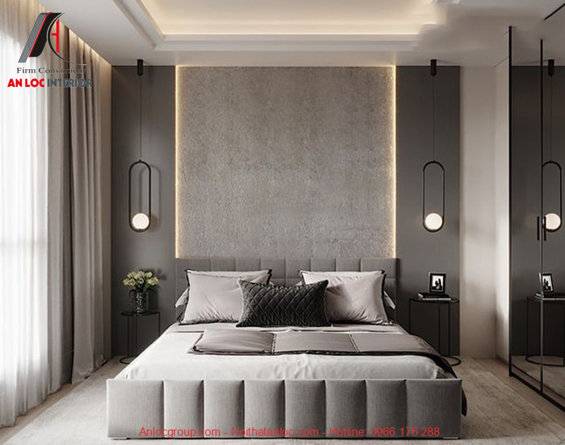 Mẫu 18: Phòng ngủ màu xám ghi thiết kế đối xứng, cân bằng