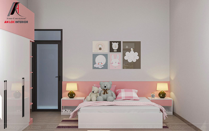 Mẫu 26: Thiết kế phòng ngủ tone xám hồng cho bé gái