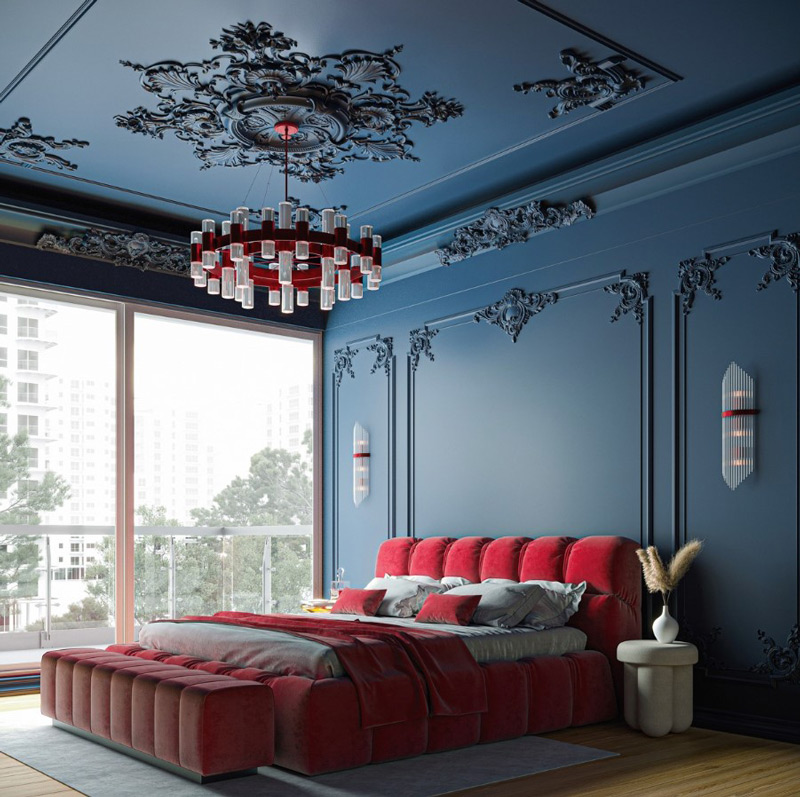Phòng ngủ màu xanh dương tân cổ điển 
