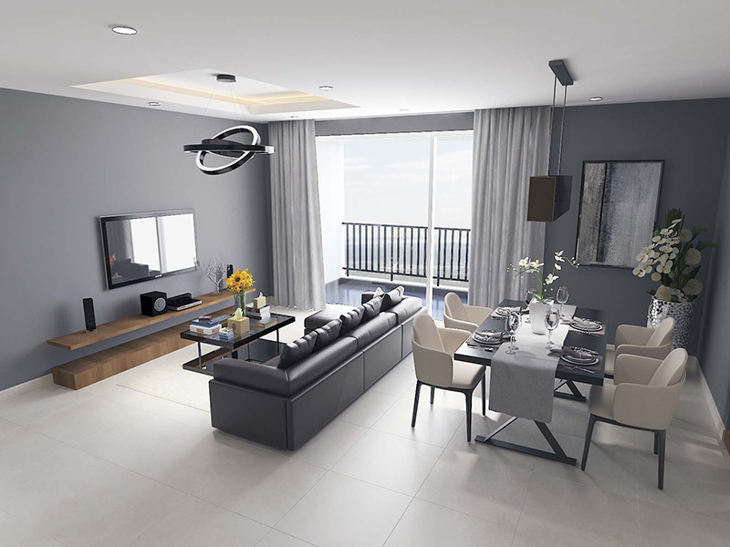 Mẫu 12: Thiết kế nội thất phòng khách căn hộ 120m2 phong cách mở hiện đại, phóng khoáng