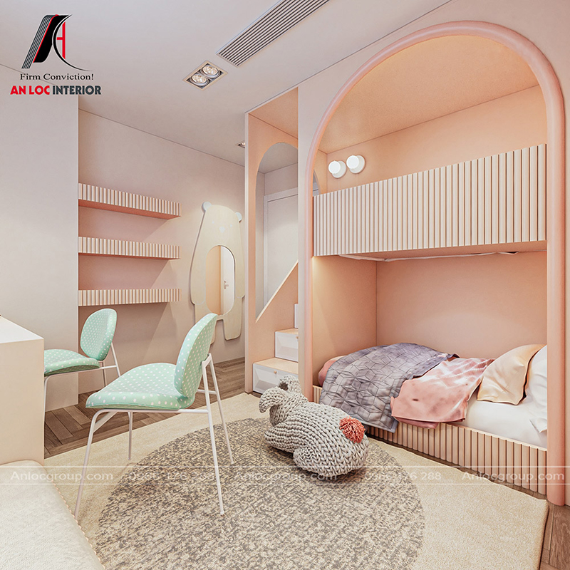 Phòng ngủ cho 2 bé với tone màu hồng nhẹ nhàng, thu hút