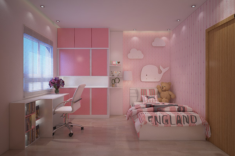 Phòng ngủ bé gái với không gian màu hồng nhẹ nhàng, nữ tính