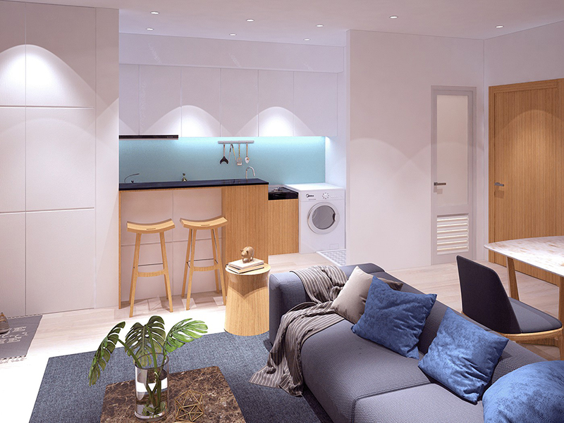 Thiết kế không gian phòng khách liền phòng bếp tối ưu diện tích