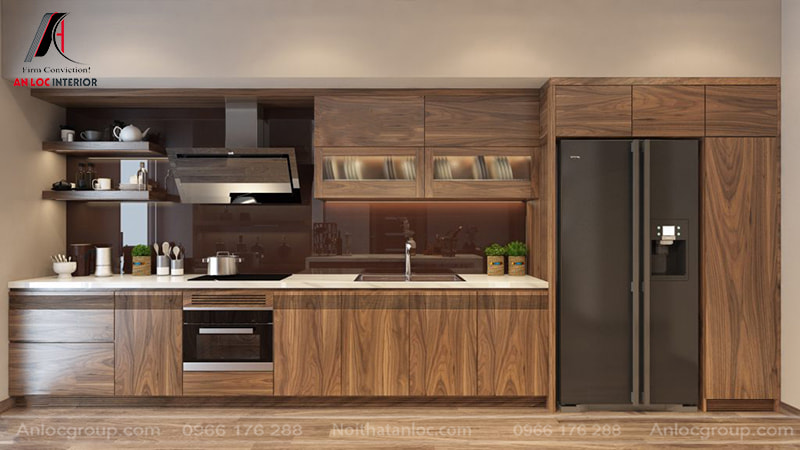 Hệ thống tủ bếp gỗ Óc Chó thiết kế thông minh, tối ưu diện tích không gian