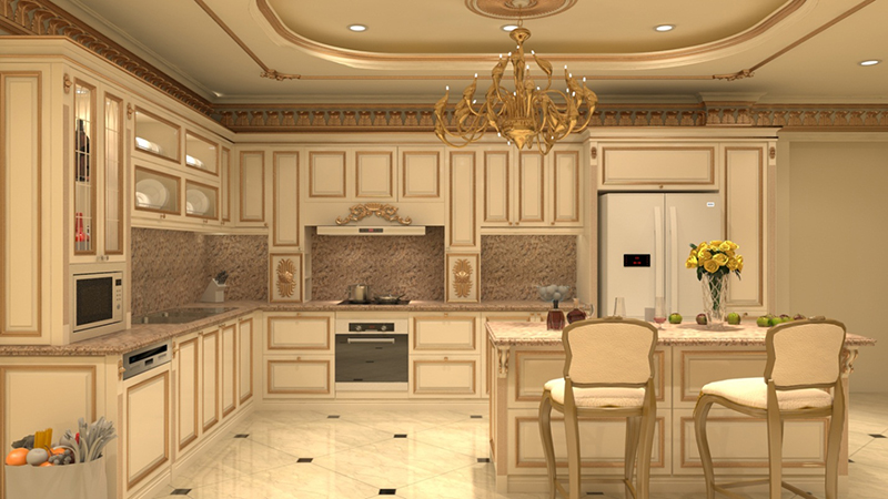 Mẫu 09: Phòng bếp chung cư Tân cổ điển với điểm nhấn trang trí ấn tượng mang đậm chất của phong cách thiết kế 