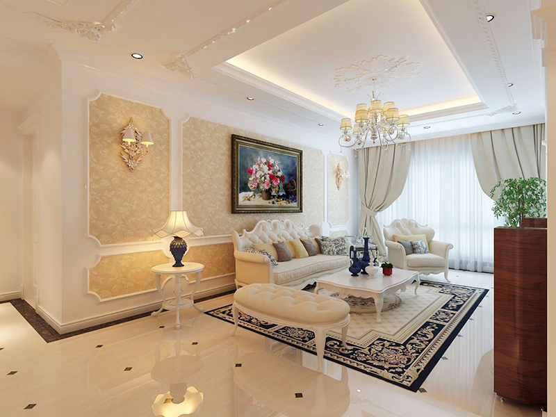 Mẫu 01: Phòng khách chung cư phong cách Tân cổ điển với tone màu trắng kem nhẹ nhàng và thanh lịch