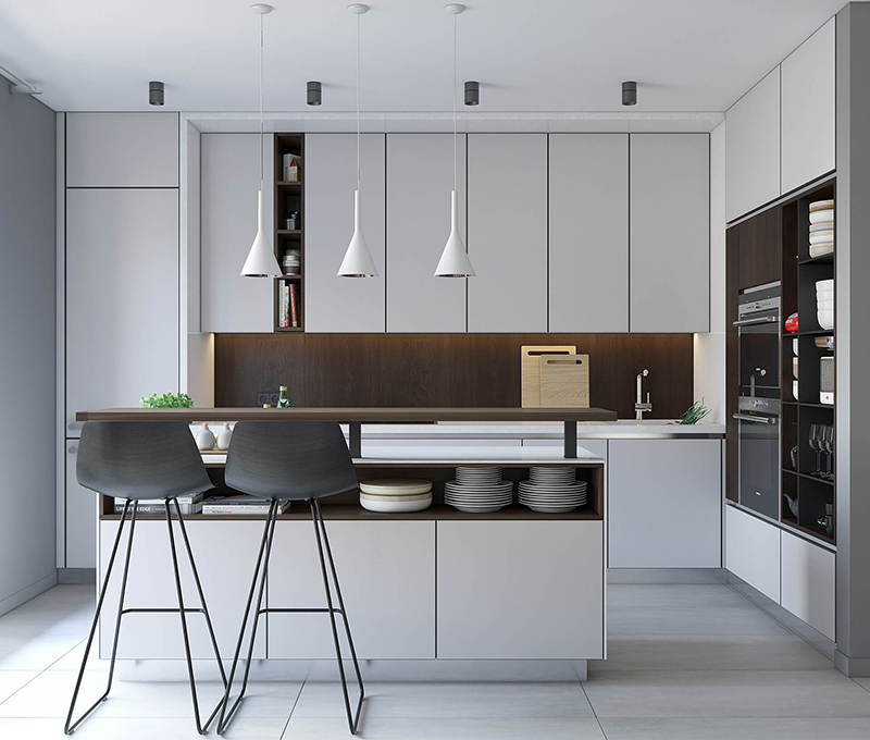 Phòng bếp chung cư tối giản với thiết kế đảo bếp thông minh