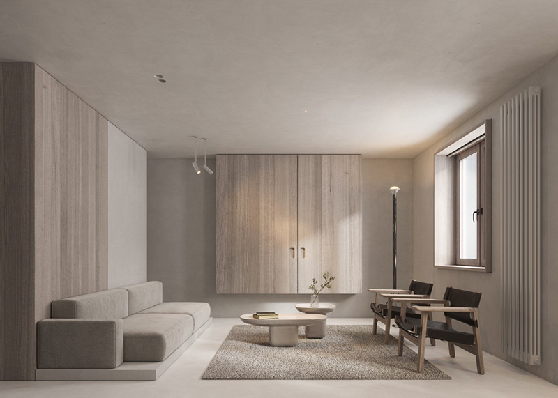 Phòng khách chung cư tối giản với tone màu xám nâu nhẹ nhàng